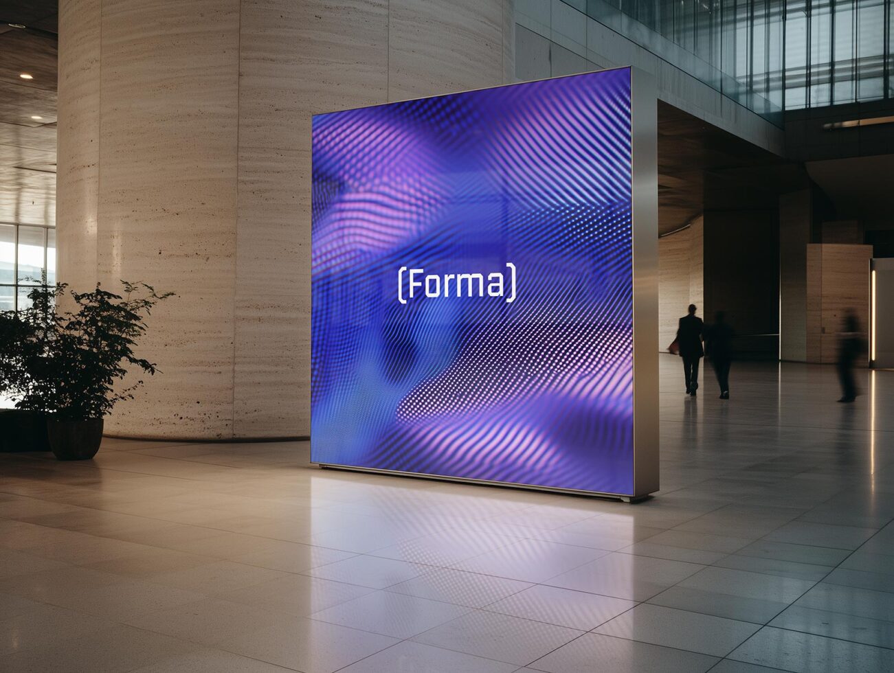 Digital signage mockup in modern lobby showcasing abstract design with purple hues. Ideal for branding, advertising, graphic design templates, and displays.