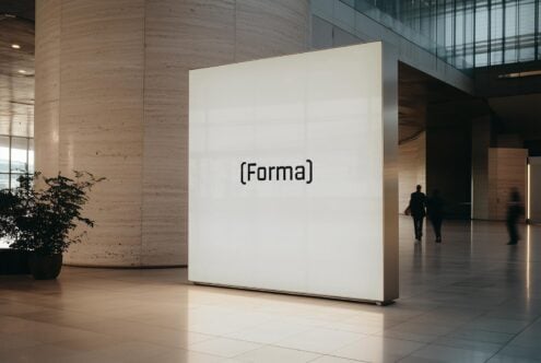 Minimalist indoor typography display with Forma text on illuminated panel in modern corporate setting ideal for design mockups and templates designers