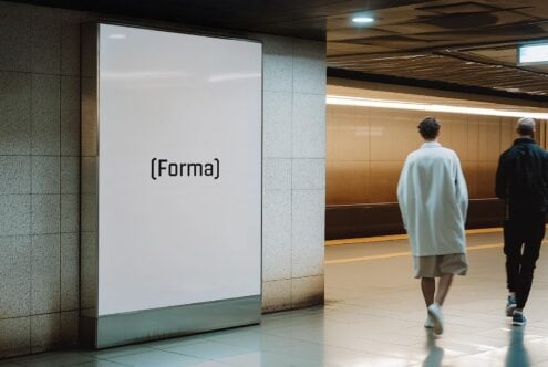 Subway mockup with Forma text on a lighted poster. Urban environment, two people walking past. Perfect for digital designs, branding, advertising concepts.