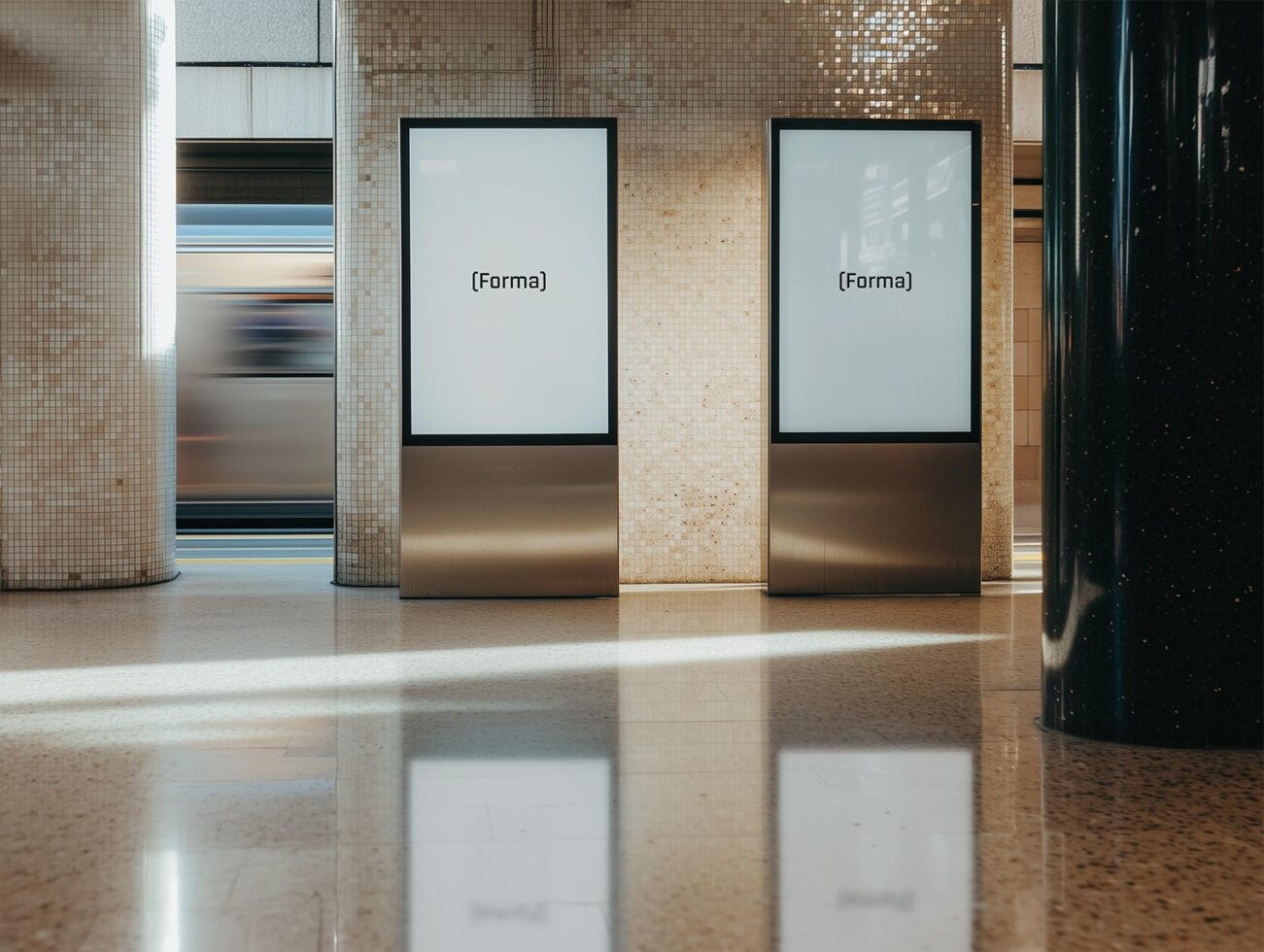 Two digital display mockups in a subway station with reflective terrazzo floor ideal for branding presentations and urban advertising design projects.