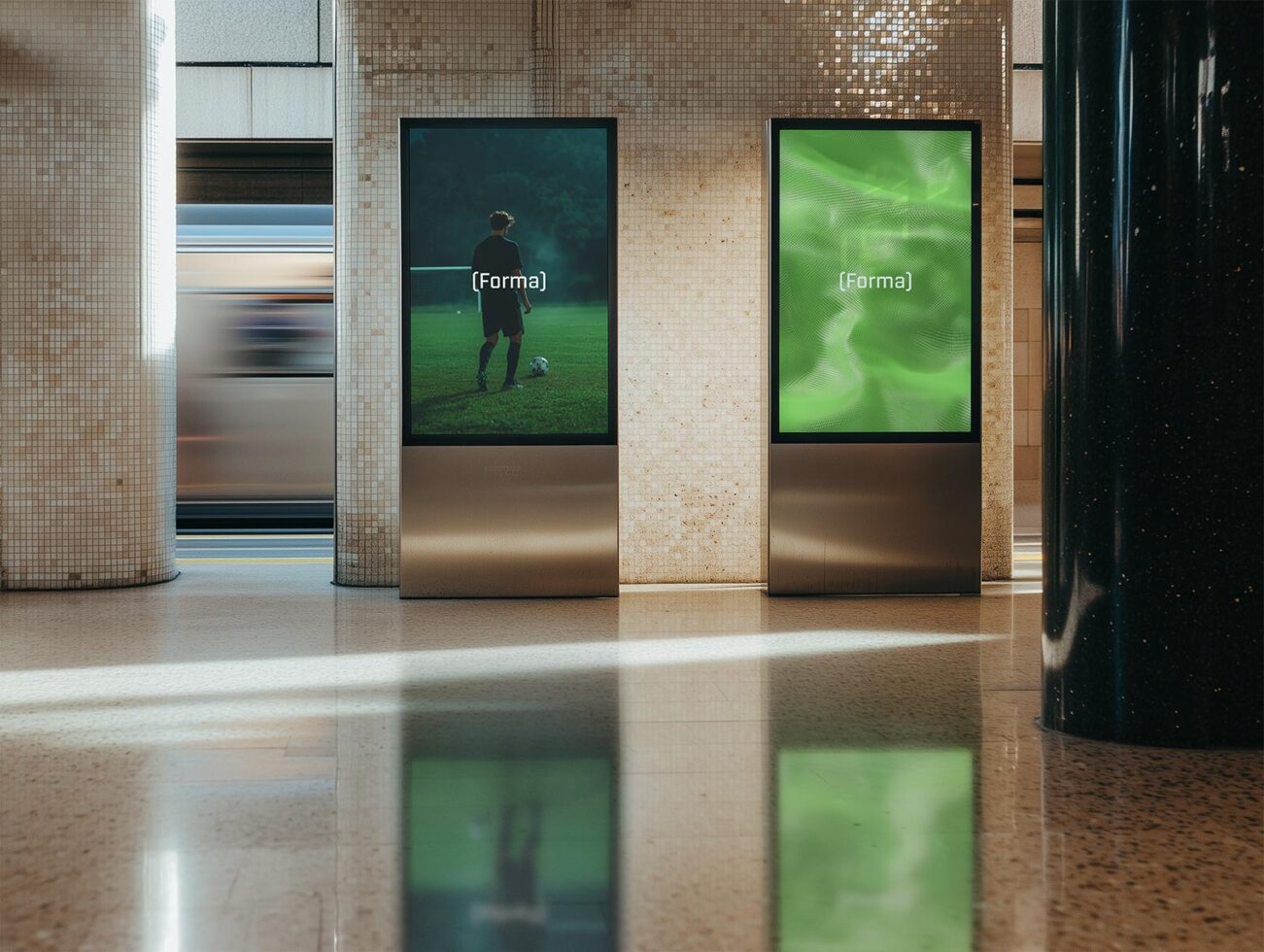 Digital billboard mockup in a subway setting showcasing two designs. Ideal for advertising, branding, and template design for creatives and marketers.