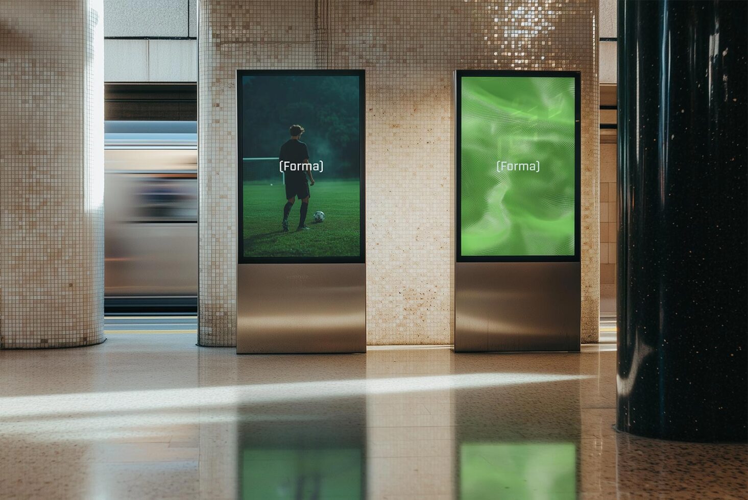 Digital mockups of two vertical posters in a subway setting. Left poster shows a soccer player and right poster displays a green abstract design for designers.