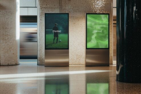 Digital mockups of two vertical posters in a subway setting. Left poster shows a soccer player and right poster displays a green abstract design for designers.