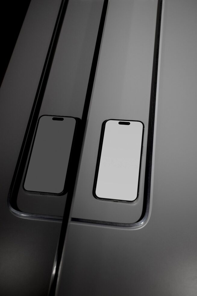 Minimalist smartphone mockup featuring a sleek device with a reflective screen and modern design, ideal for designers seeking clean presentation templates.