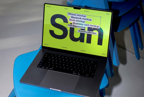 Laptop on blue chair displaying mockups for iPhone Macbook book business card Tote Bag on screen vibrant yellow background design template for designers