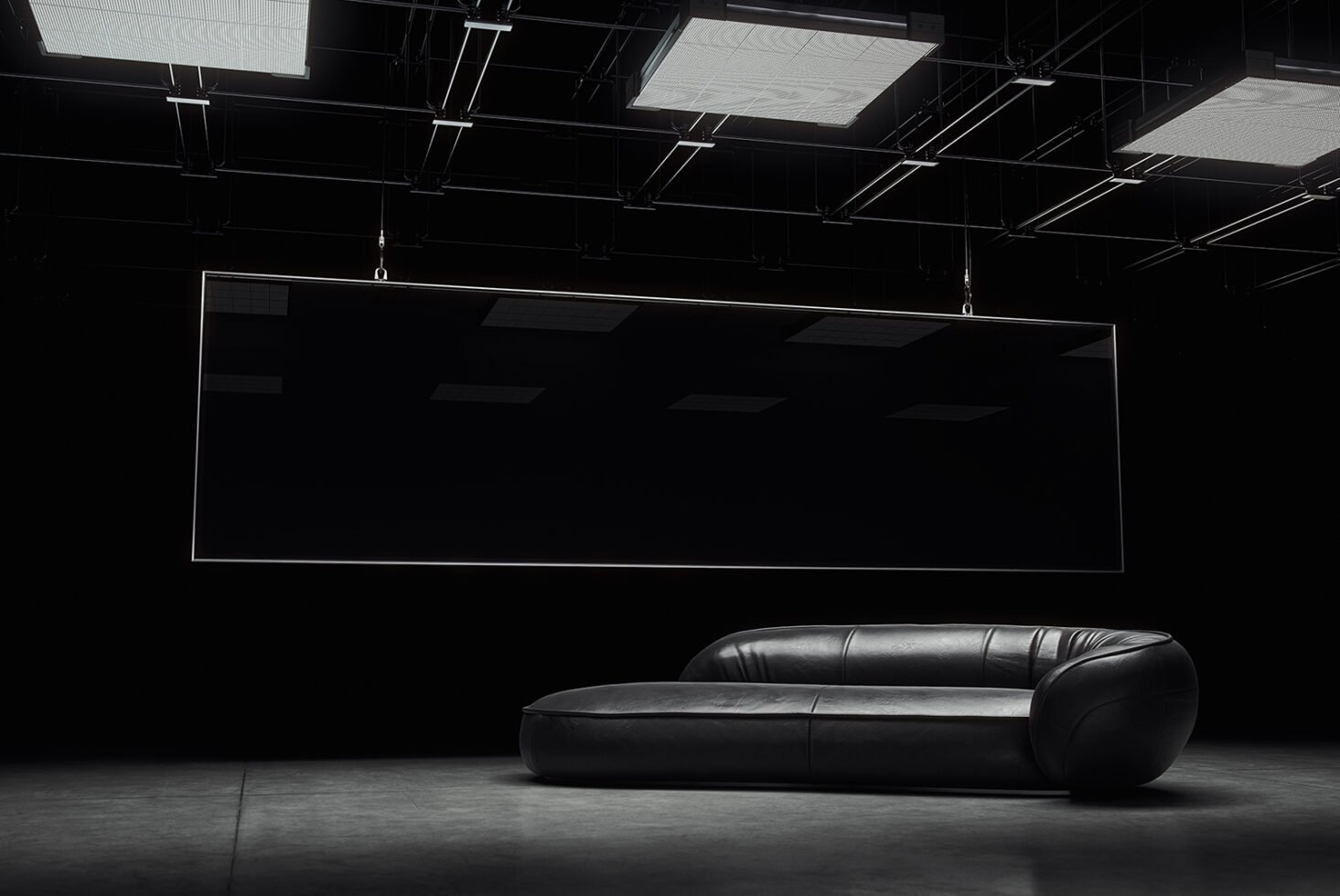 Modern black leather sofa in a minimal studio setting with geometric ceiling lights design mockup for interiors furniture designers SEO optimized