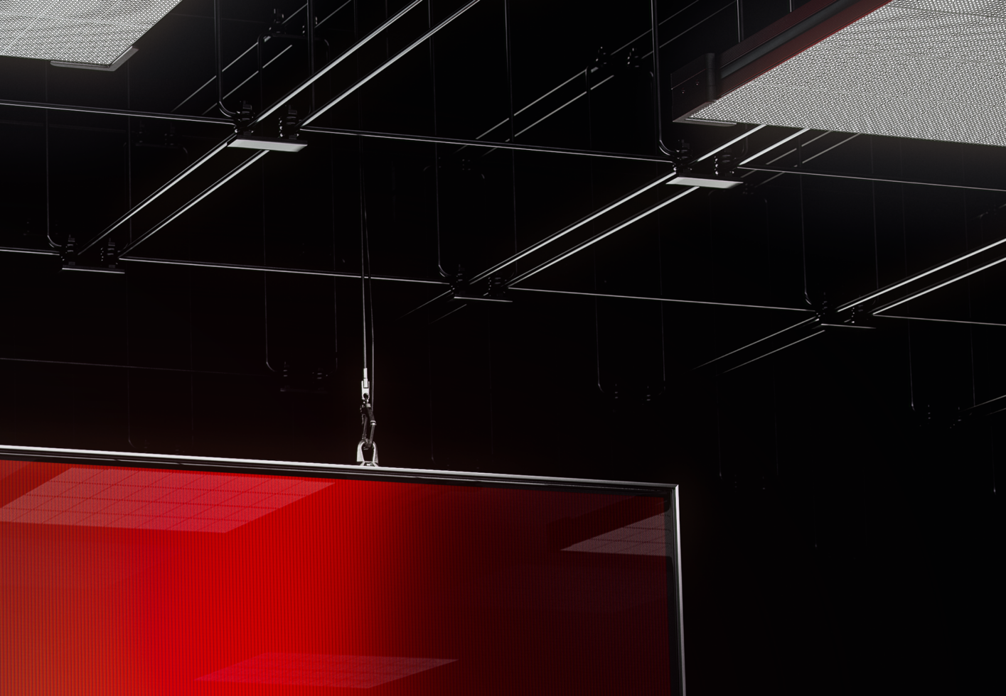 Suspended display mockup in a dark tech environment. Red panel contrasting with black ceiling and metal supports. Ideal for modern template designs.