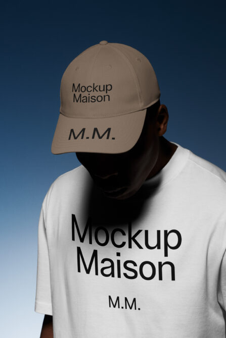 Cap hat mockup with tee showing text placement on khaki baseball cap