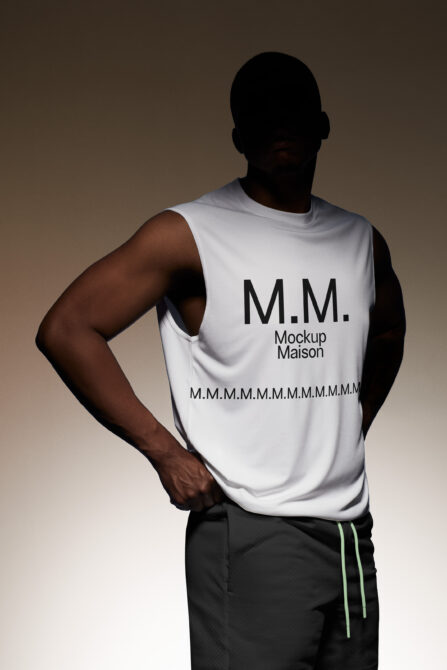 White sleeveless tank top with M.M. logo on chest