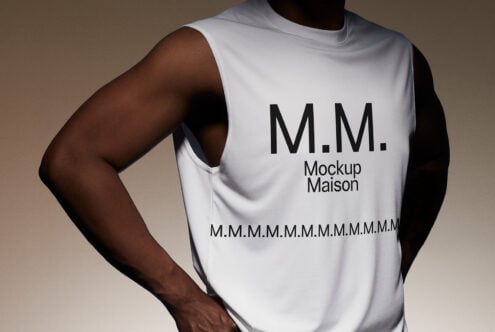 Sleeveless shirt mockup featuring M.M. Mockup Maison logo. Ideal for fashion designers. Perfect for apparel mockups and branding presentations.