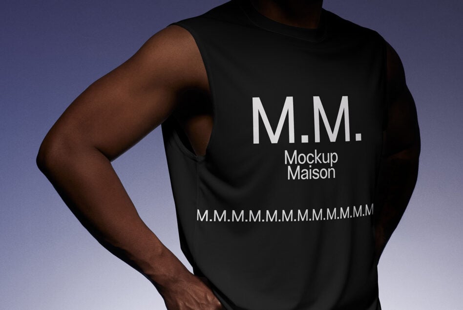 Black sleeveless tank top with white M.M. logo on chest
