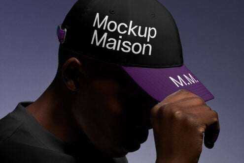 Baseball cap mockup featuring black and purple design with custom editable text ideal for branding and presentations targeting graphic designers.