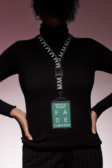 ID badge lanyard mockup hanging on torso with FADE Collection card