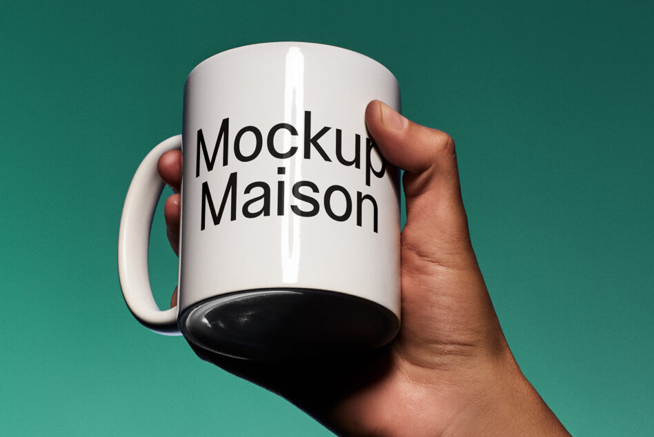 Cream mug with black text held up on teal background with shadow
