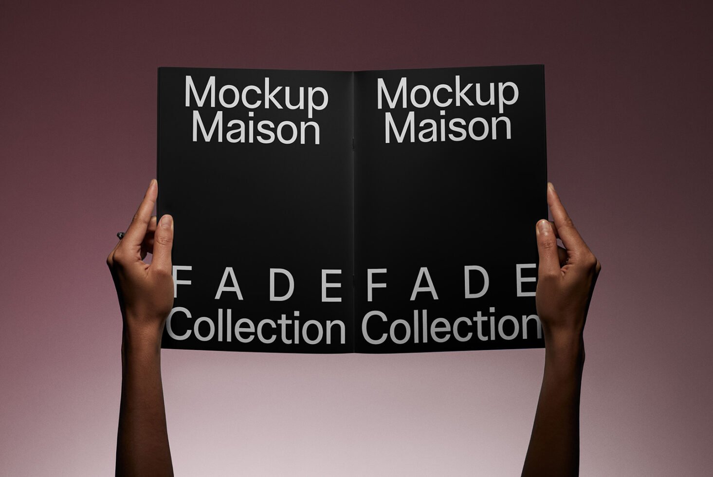 Elegant catalog mockup held by hands against a gradient backdrop, featuring bold typography. Perfect for designers seeking sleek template mockups.
