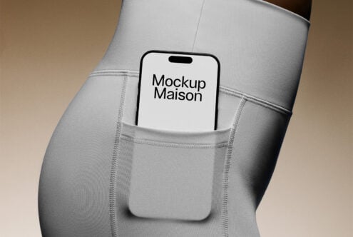 Smartphone in pocket of gray leggings showcasing customizable apparel mockup suited for design projects, digital assets, and fashion branding templates.