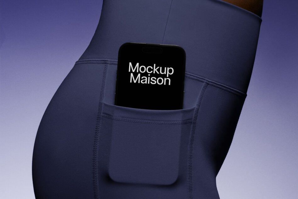 Dark navy leggings with phone mockup visible in side pocket on purple gradient background