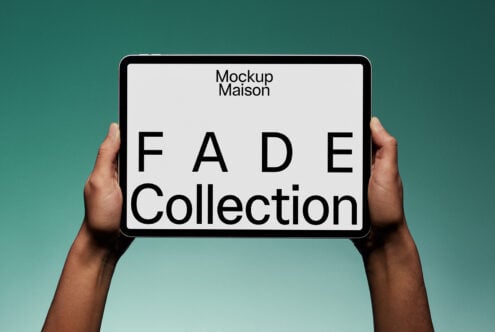 Hands holding a tablet showcasing FADE Collection on white screen ideal for mockup presentations digital assets and design templates for designers