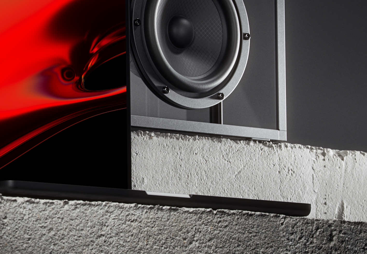 Modern speaker mounted on white concrete wall with red neon light glow on left side