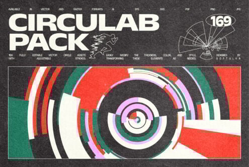 Colorful abstract circular vector design pack for designers. Includes 169 editable elements in AI EPS SVG formats. Perfect for creative projects.