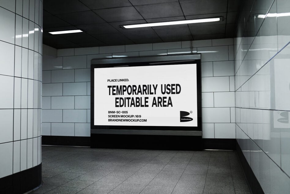 Subway billboard mockup in a tiled station environment. Editable area for design presentations. Ideal for designers creating advertising graphics.