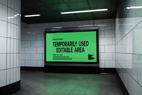 Underground billboard mockup in subway station, editable digital screen with green background, ideal for designers seeking unique advertising displays.