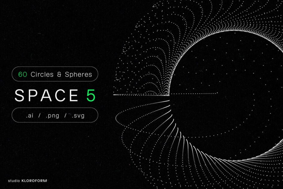 Digital design asset featuring abstract circles and spheres. Includes 60 vector graphics in AI, PNG, SVG formats. Ideal for creative projects.