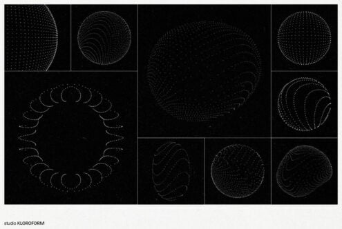 Collection of dotted abstract spheres on black background. Ideal for designers seeking unique graphic elements, digital assets, geometric shapes.
