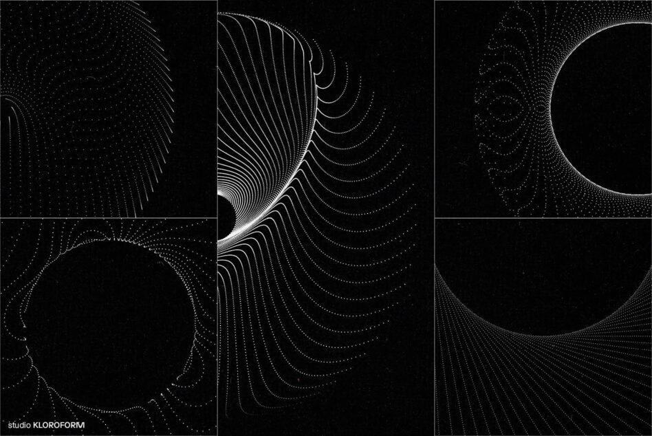 Minimal abstract dot pattern on black background ideal for digital design projects. Perfect for use in graphic design templates and creative mockups.