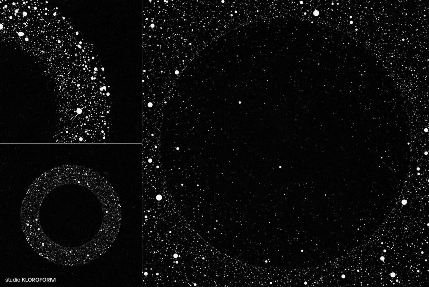 Abstract circular patterns of white speckles on black background for graphic design and template creation. Perfect for designers seeking unique visuals.
