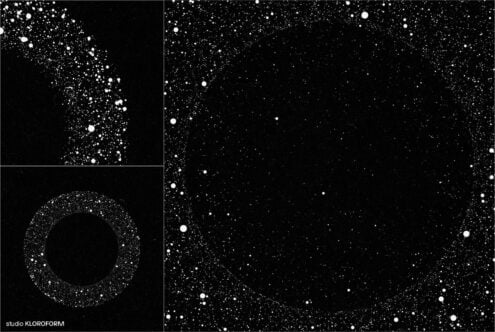 Abstract circular patterns of white speckles on black background for graphic design and template creation. Perfect for designers seeking unique visuals.