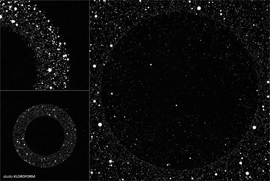 Particle scatter effects, glowing orbs fading into darkness with gradient borders