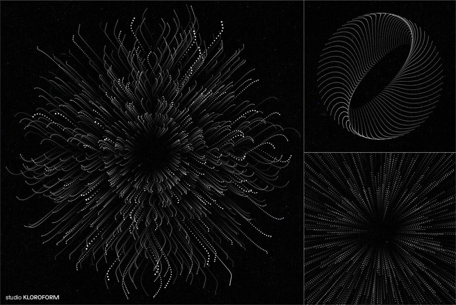 Abstract black and white graphics featuring intricate swirl patterns and radial designs with dots. Ideal for designers seeking unique digital art elements.