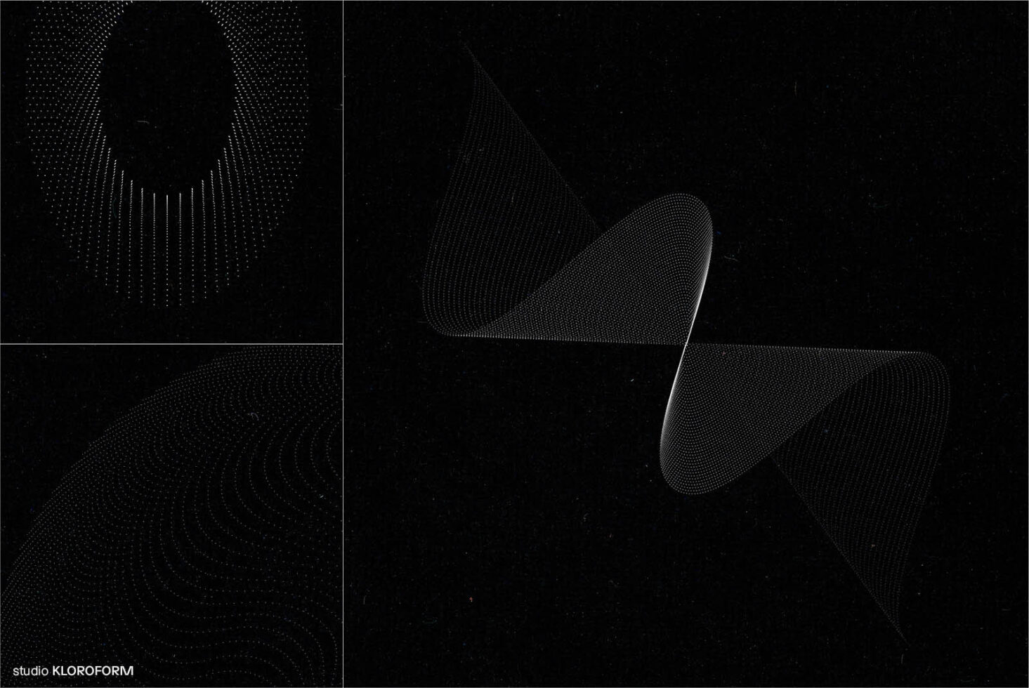 Abstract geometric pattern with fine lines and dots on a black background. Ideal for digital graphics, templates, and minimalist design projects.