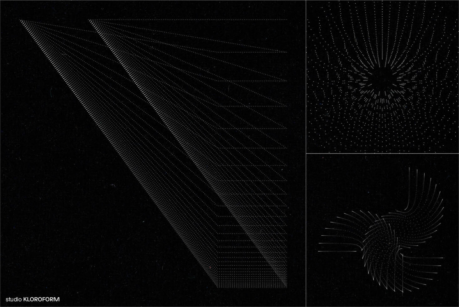 Abstract geometric designs with dotted lines on black background featuring patterns and illusion effects for graphic design templates and digital art.