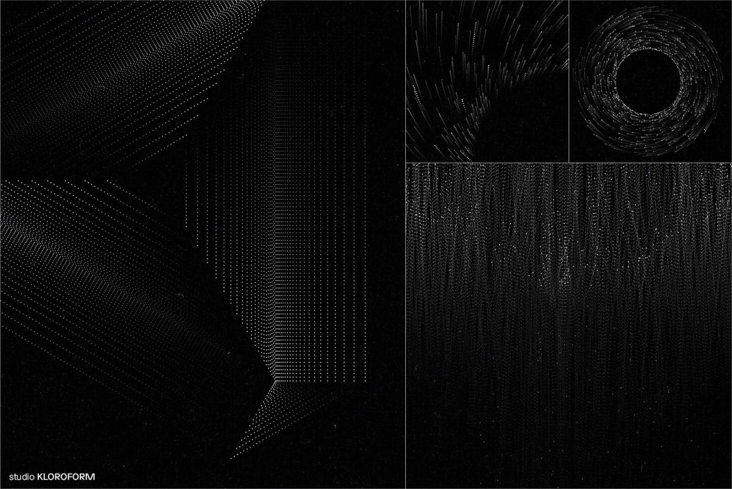 Abstract black and white digital art with dotted patterns creating geometric shapes and circular designs. Ideal for graphic design resources and templates.