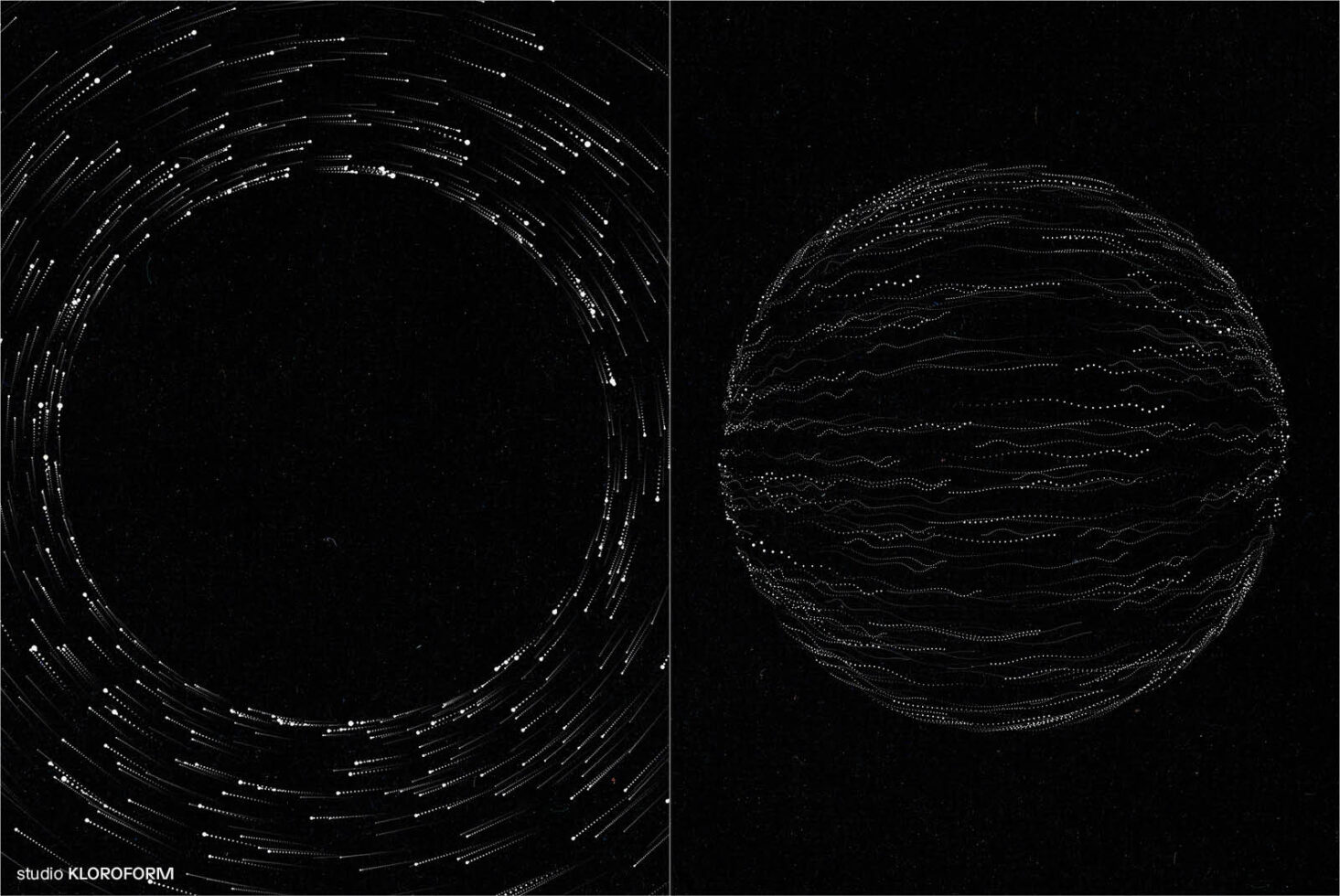 Abstract graphics with circular light trails and dotted sphere on black background. Ideal for digital design projects and creative templates.