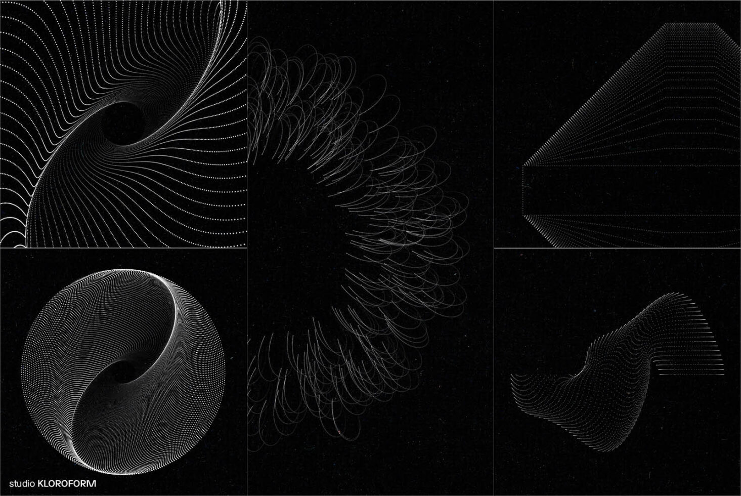 Abstract graphics set featuring swirling line patterns on a dark background. Ideal for designers seeking unique templates, digital art resources.