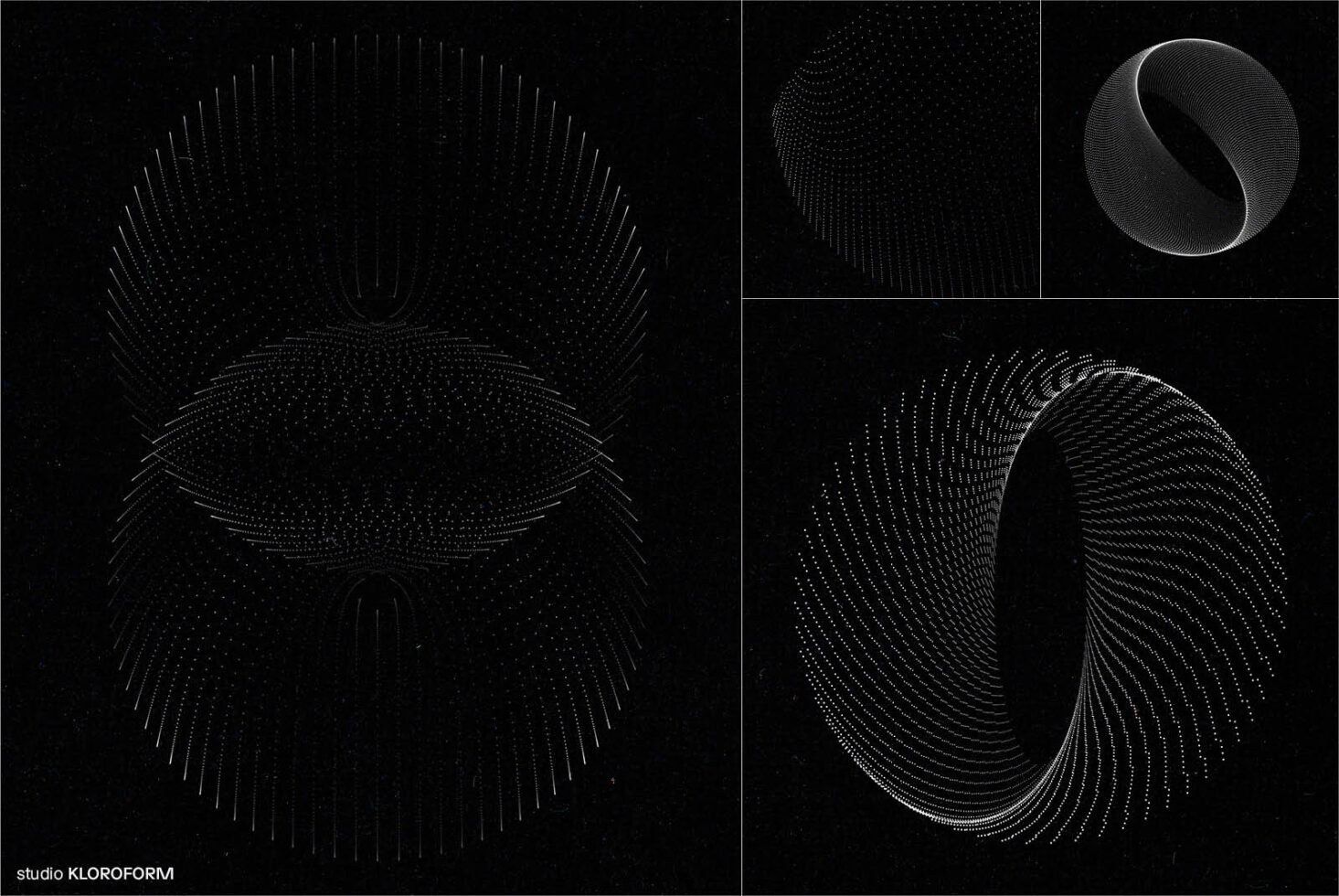 Abstract geometric graphic with intricate dot patterns on dark background; ideal for design templates, digital assets, visual art projects.