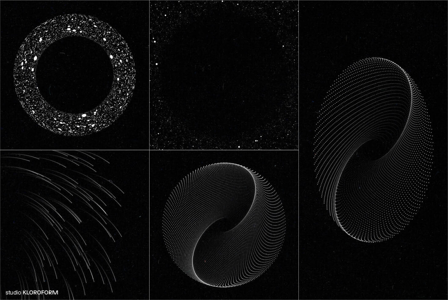 Abstract black and white digital art with geometric patterns suitable for design templates or backgrounds featuring circles dots and lines.