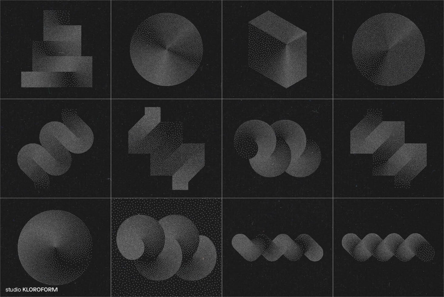 Abstract geometric halftone graphics set on black background featuring circles and shapes suitable for design templates and graphic design projects.