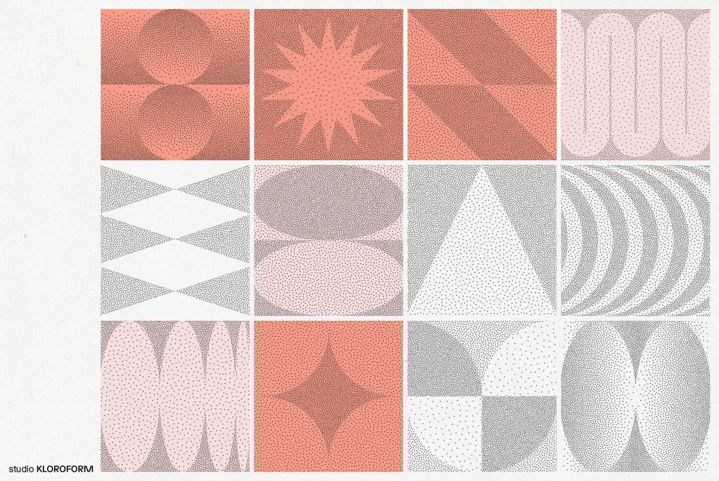 Geometric pattern vector with dots in twelve designs featuring circles triangles and lines for graphic design templates and backgrounds.