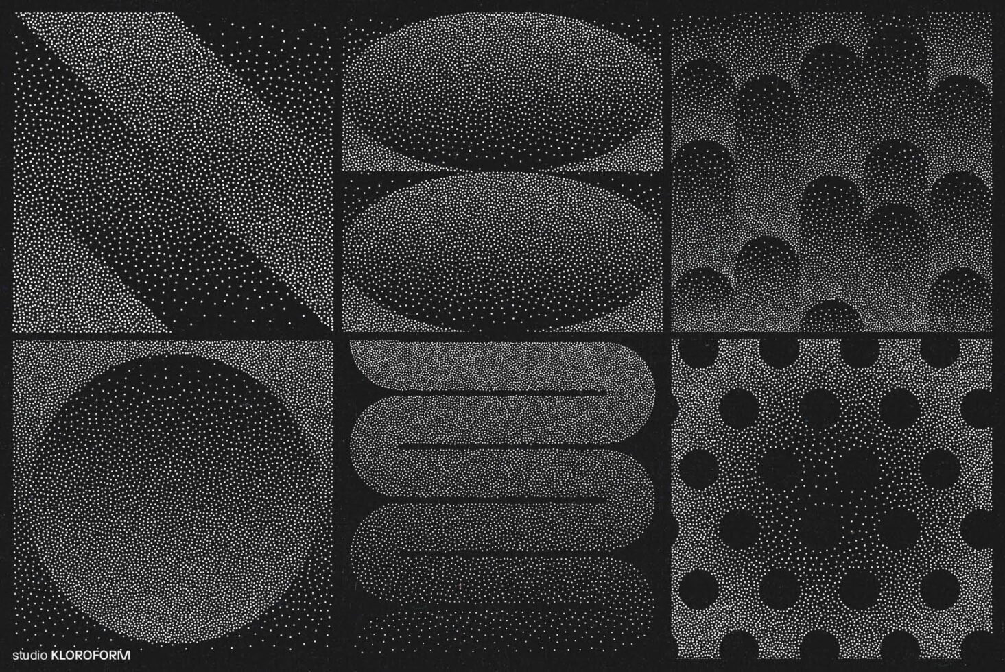 Black and white abstract halftone pattern with dots and geometric shapes suitable for graphic design backgrounds in digital assets and templates.