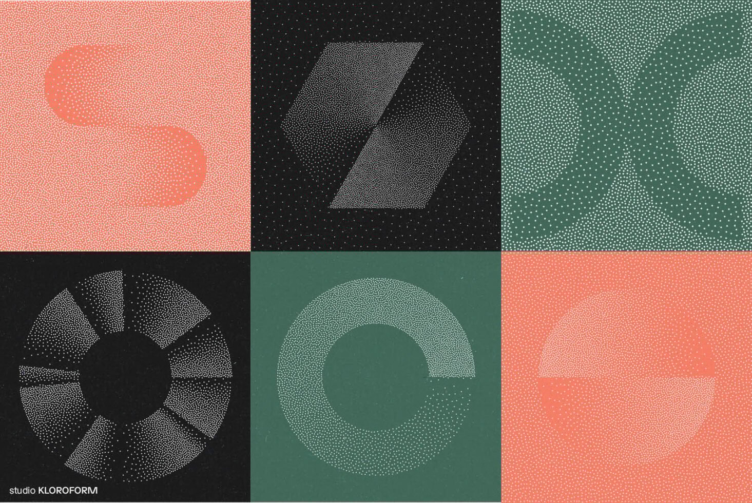 Abstract geometric patterns in pink, black, and green. Dotted designs form hexagons, circles, and curves. Perfect for graphic design and digital assets.