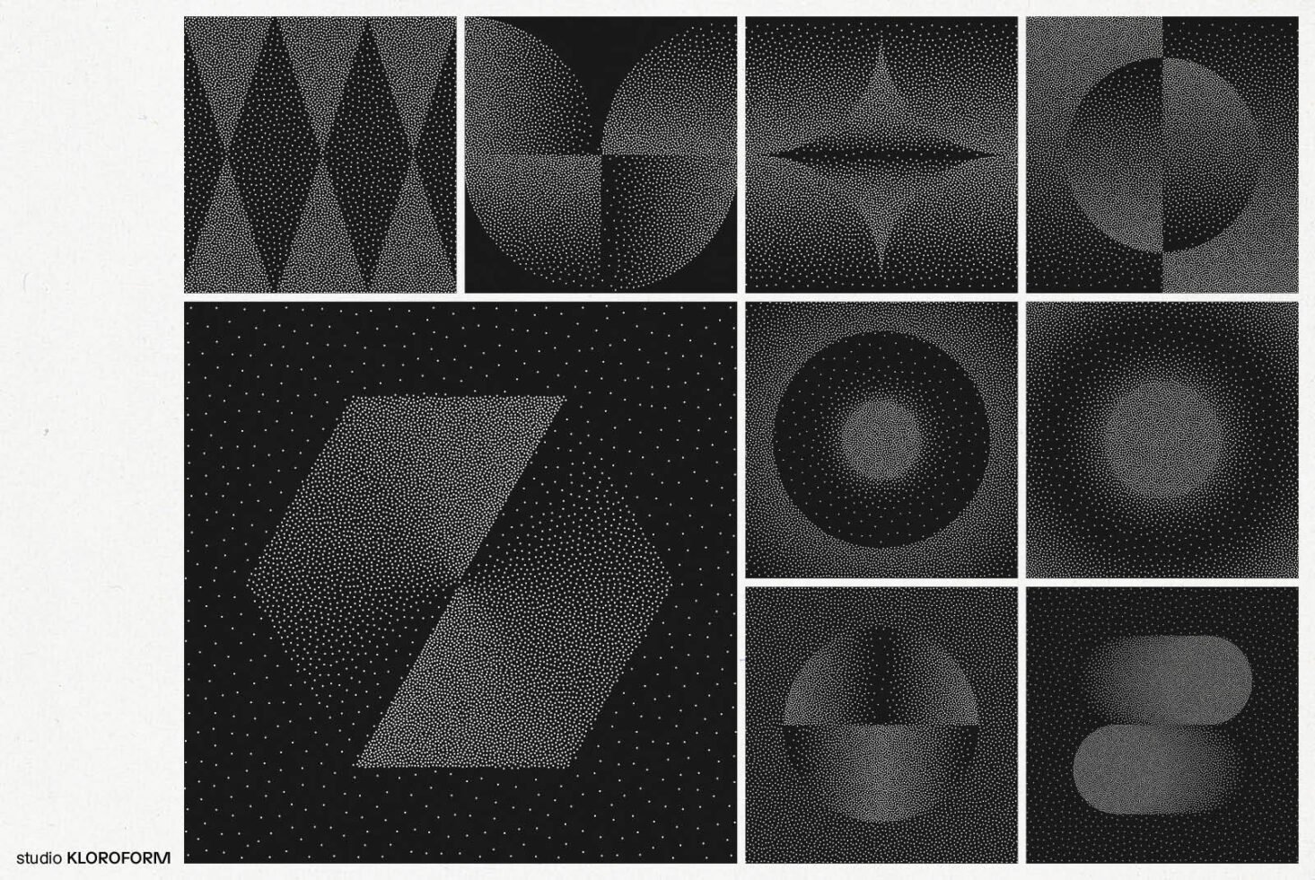 Abstract geometric shapes in black and white with halftone dots. Ideal for graphic design, templates, minimalist art, digital assets, designers.