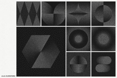 Abstract geometric shapes in black and white with halftone dots. Ideal for graphic design, templates, minimalist art, digital assets, designers.