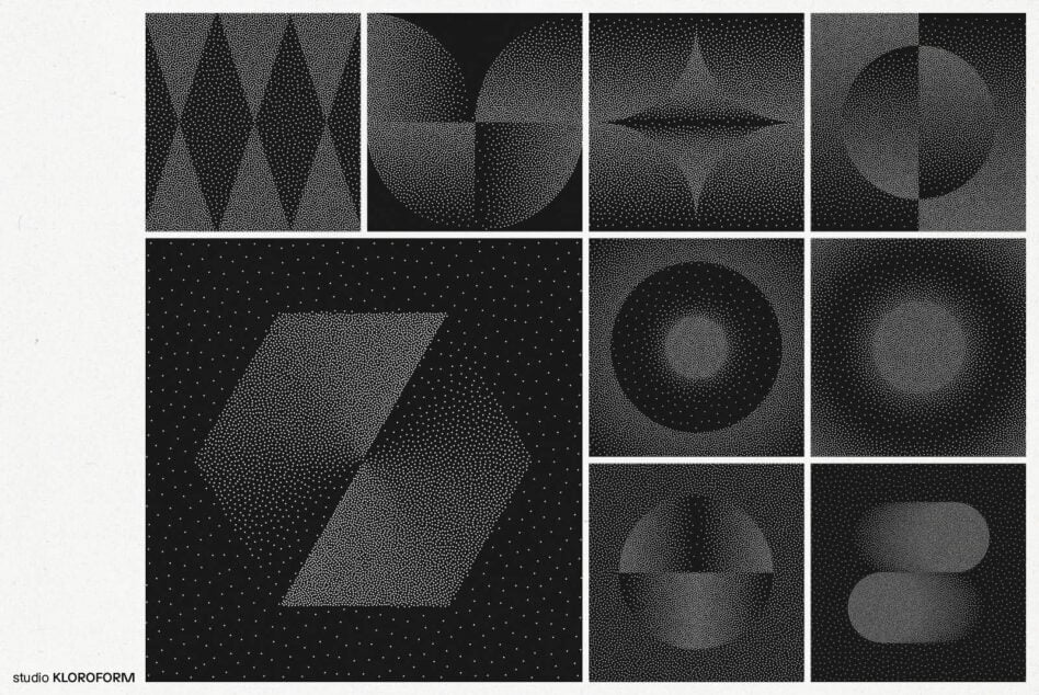 Abstract geometric shapes in black and white with halftone dots. Ideal for graphic design, templates, minimalist art, digital assets, designers.