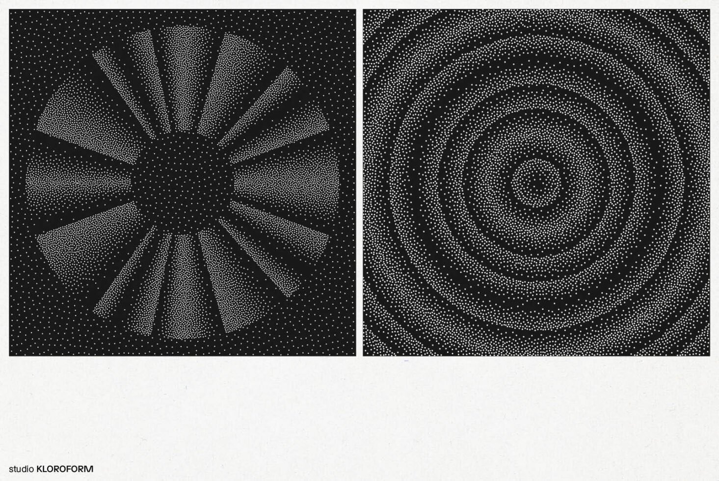 Abstract graphic design featuring intricate halftone dot patterns in black and white with radial and concentric designs for templates or mockups.