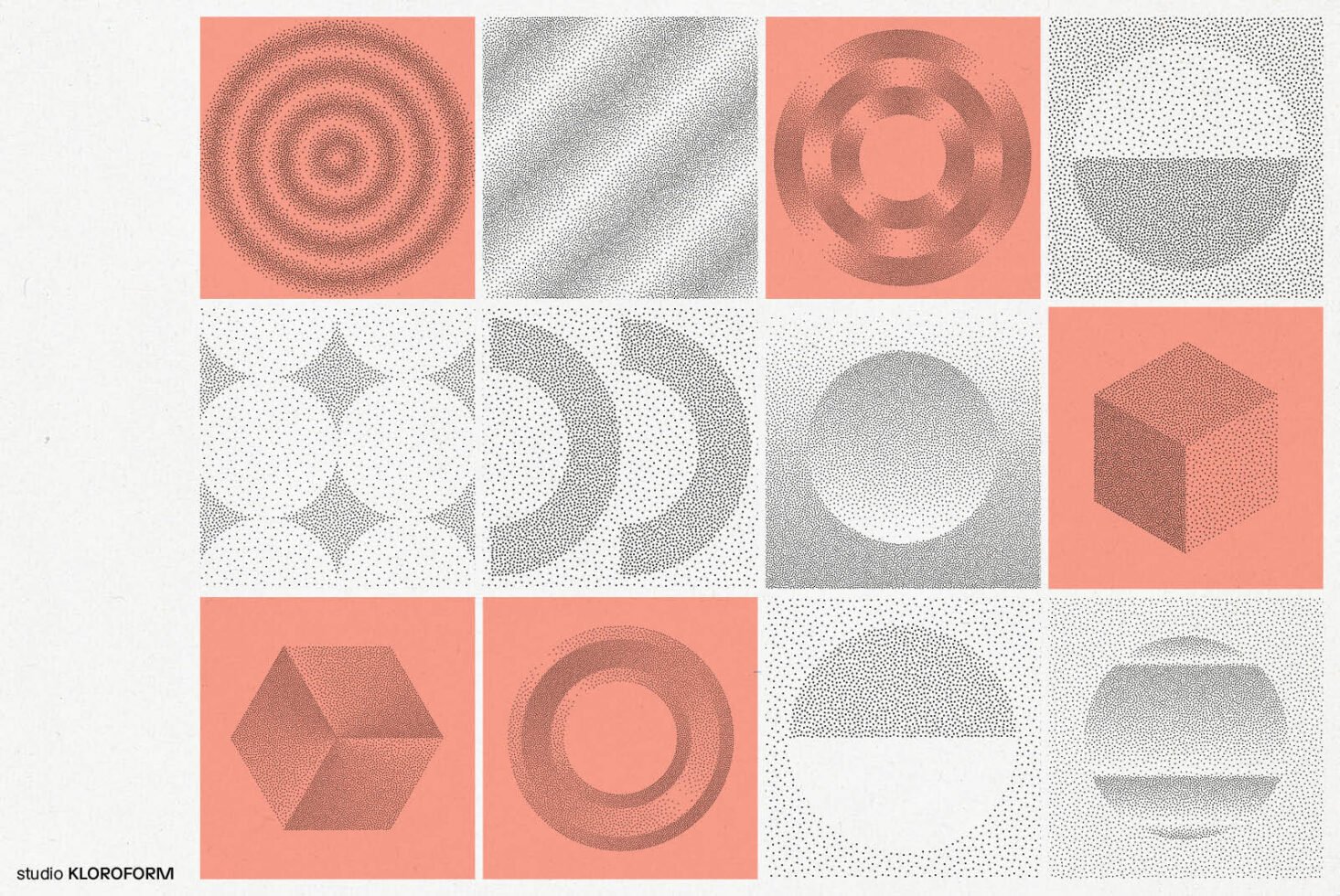 Geometric pattern designs with dotted textures in red and gray on a grid. Perfect for graphic design projects. Ideal for digital asset marketplace.