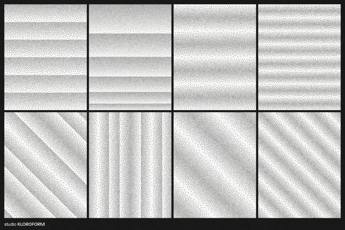 Abstract halftone texture pack with 8 black and white patterns. Perfect for graphic design projects, templates, and digital backgrounds.
